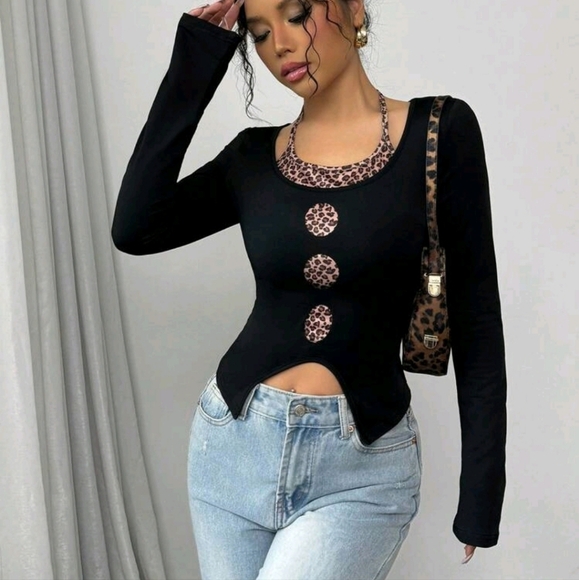 Women's Sleeveless Leopard Print Contrast Color Halter Neck Vintage T-Shirt - Picture 4 of 4